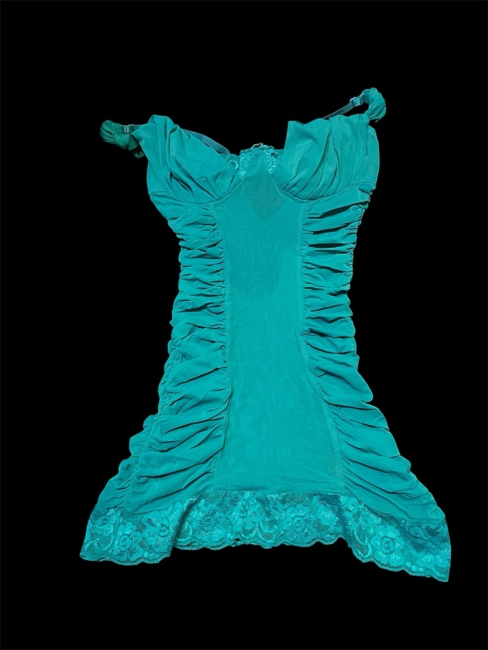 Teal Ruched Lace Slip Dress